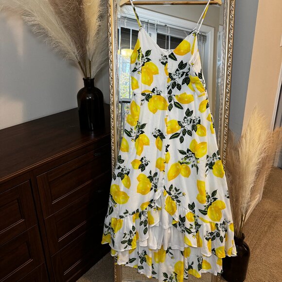 Lulus Air Yellow Lemon & Floral Print High-Low Midi Dress – Size [L] - Picture 1 of 12
